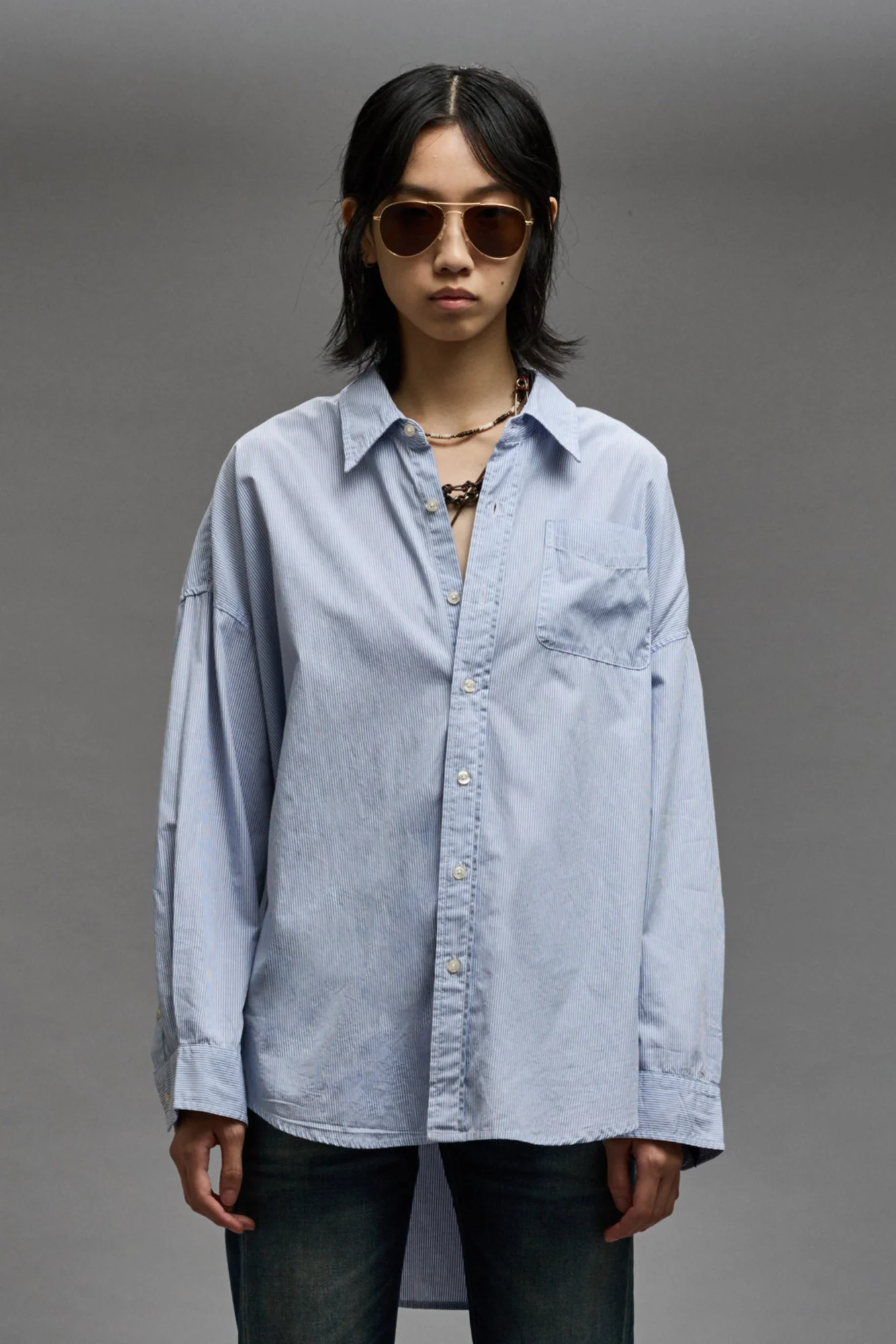 DROP NECK SHIRT - BLUE AND WHITE STRIPE - Image 3